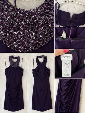 Cache Beaded Neck Purple Cocktail Dress